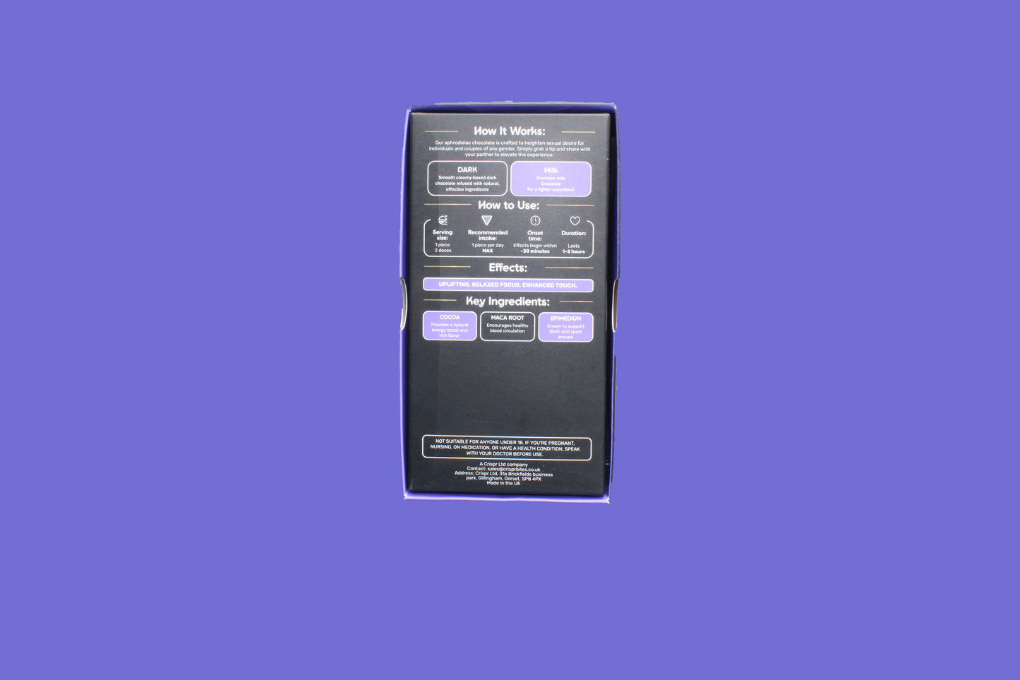 Black rectangular product packaging with text on a purple background
