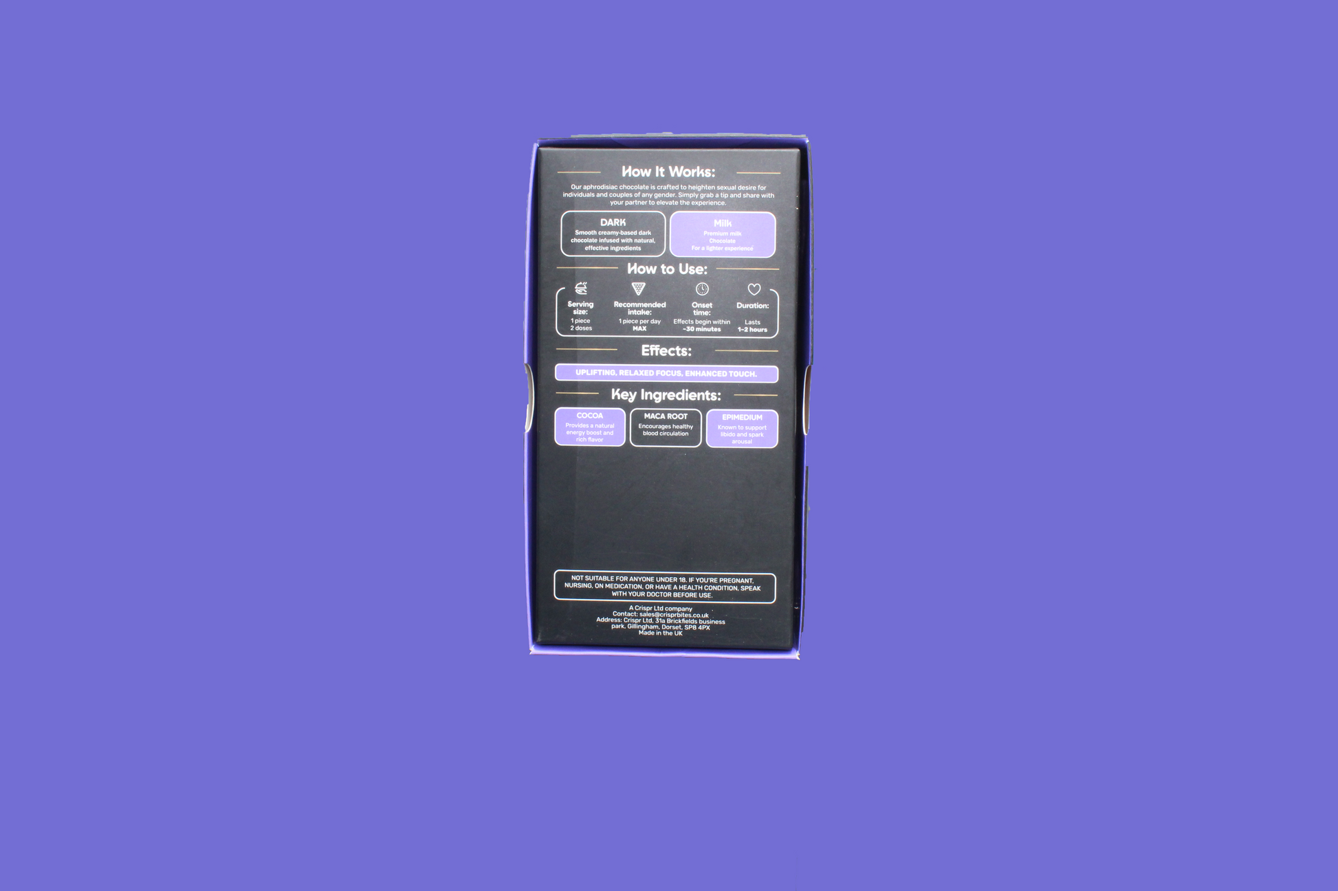 Black rectangular product packaging with text on a purple background