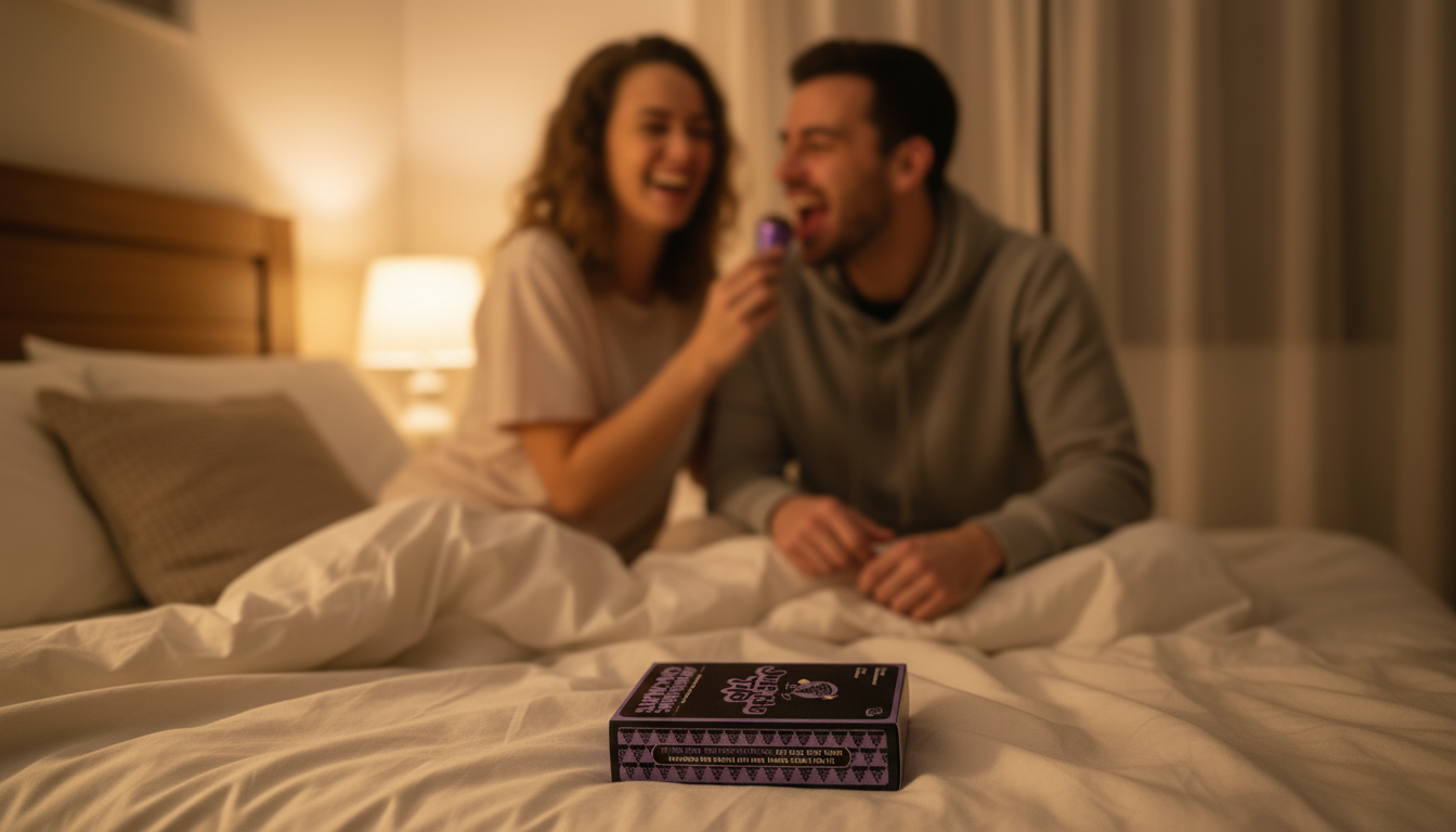 Couple sitting on a bed with a book in the foreground, in a warm and cozy bedroom setting.