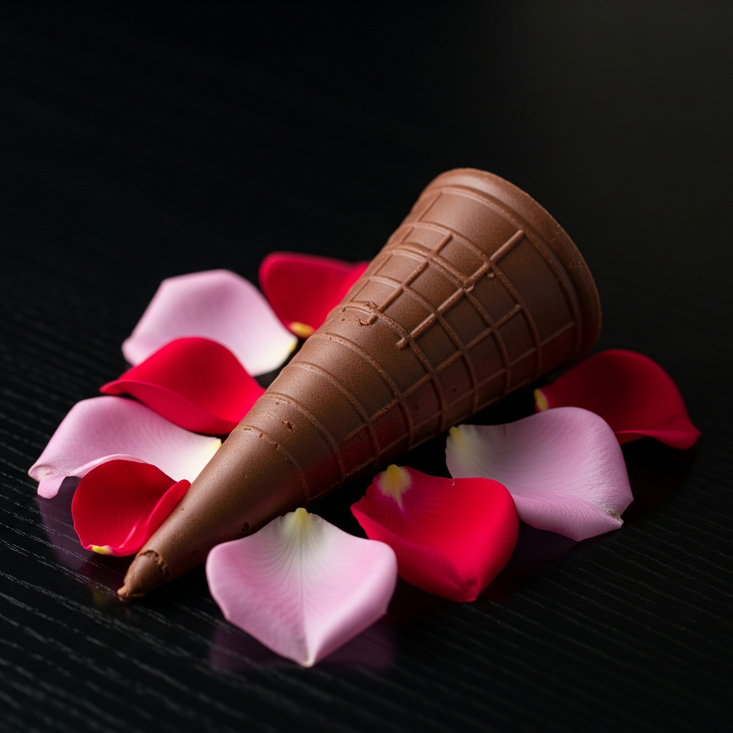Chocolate waffle cone treat with rose petals